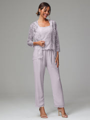 3 Pieces Long Sleeves Chiffon Lace Mother Of The Bride Dress Pants Suits