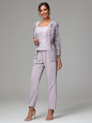 3 Pieces Long Sleeves Chiffon Lace Mother Of The Bride Dress Pants Suits