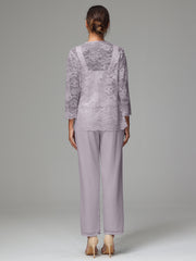 3 Pieces Long Sleeves Chiffon Lace Mother Of The Bride Dress Pants Suits