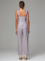 3 Pieces Long Sleeves Chiffon Lace Mother Of The Bride Dress Pants Suits