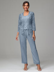3 Pieces Long Sleeves Chiffon Lace Mother Of The Bride Dress Pants Suits