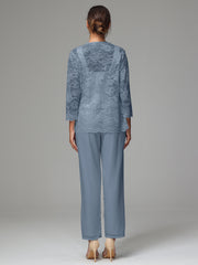 3 Pieces Long Sleeves Chiffon Lace Mother Of The Bride Dress Pants Suits