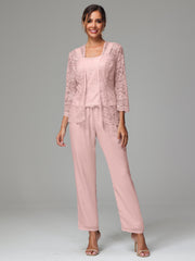 3 Pieces Long Sleeves Chiffon Lace Mother Of The Bride Dress Pants Suits