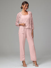 3 Pieces Long Sleeves Chiffon Lace Mother Of The Bride Dress Pants Suits