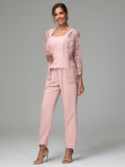 3 Pieces Long Sleeves Chiffon Lace Mother Of The Bride Dress Pants Suits