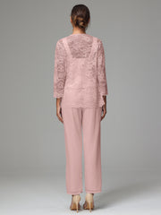 3 Pieces Long Sleeves Chiffon Lace Mother Of The Bride Dress Pants Suits