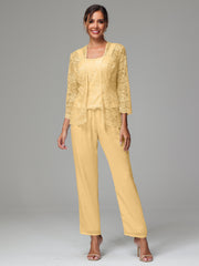 3 Pieces Long Sleeves Chiffon Lace Mother Of The Bride Dress Pants Suits