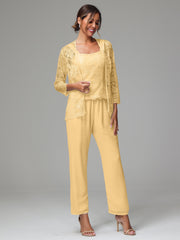 3 Pieces Long Sleeves Chiffon Lace Mother Of The Bride Dress Pants Suits