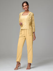 3 Pieces Long Sleeves Chiffon Lace Mother Of The Bride Dress Pants Suits