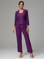 3 Pieces Long Sleeves Chiffon Lace Mother Of The Bride Dress Pants Suits