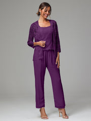 3 Pieces Long Sleeves Chiffon Lace Mother Of The Bride Dress Pants Suits
