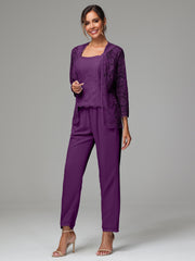 3 Pieces Long Sleeves Chiffon Lace Mother Of The Bride Dress Pants Suits