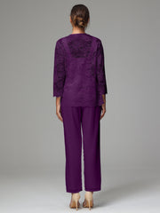 3 Pieces Long Sleeves Chiffon Lace Mother Of The Bride Dress Pants Suits
