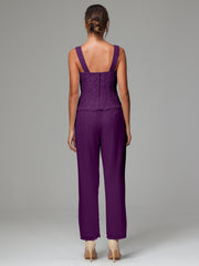 3 Pieces Long Sleeves Chiffon Lace Mother Of The Bride Dress Pants Suits