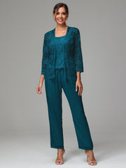 3 Pieces Long Sleeves Chiffon Lace Mother Of The Bride Dress Pants Suits