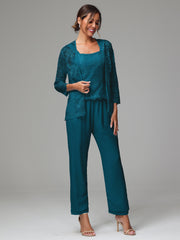 3 Pieces Long Sleeves Chiffon Lace Mother Of The Bride Dress Pants Suits