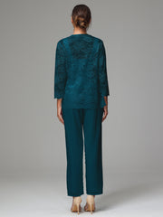 3 Pieces Long Sleeves Chiffon Lace Mother Of The Bride Dress Pants Suits