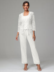 3 Pieces Long Sleeves Chiffon Lace Mother Of The Bride Dress Pants Suits