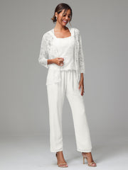 3 Pieces Long Sleeves Chiffon Lace Mother Of The Bride Dress Pants Suits