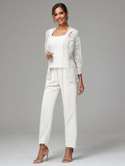 3 Pieces Long Sleeves Chiffon Lace Mother Of The Bride Dress Pants Suits