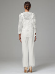 3 Pieces Long Sleeves Chiffon Lace Mother Of The Bride Dress Pants Suits