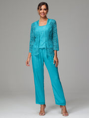 3 Pieces Long Sleeves Chiffon Lace Mother Of The Bride Dress Pants Suits