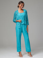 3 Pieces Long Sleeves Chiffon Lace Mother Of The Bride Dress Pants Suits
