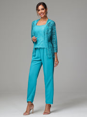 3 Pieces Long Sleeves Chiffon Lace Mother Of The Bride Dress Pants Suits