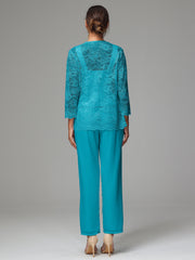 3 Pieces Long Sleeves Chiffon Lace Mother Of The Bride Dress Pants Suits