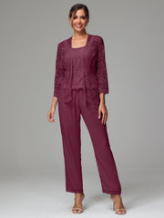 3 Pieces Long Sleeves Chiffon Lace Mother Of The Bride Dress Pants Suits
