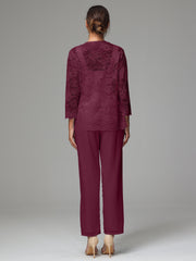 3 Pieces Long Sleeves Chiffon Lace Mother Of The Bride Dress Pants Suits