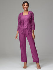 3 Pieces Long Sleeves Chiffon Lace Mother Of The Bride Dress Pants Suits