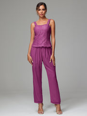 3 Pieces Long Sleeves Chiffon Lace Mother Of The Bride Dress Pants Suits