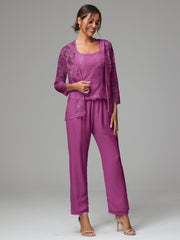 3 Pieces Long Sleeves Chiffon Lace Mother Of The Bride Dress Pants Suits