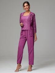 3 Pieces Long Sleeves Chiffon Lace Mother Of The Bride Dress Pants Suits