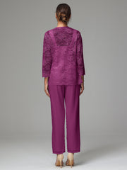 3 Pieces Long Sleeves Chiffon Lace Mother Of The Bride Dress Pants Suits
