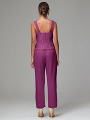 3 Pieces Long Sleeves Chiffon Lace Mother Of The Bride Dress Pants Suits