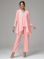 3 Pieces Long Sleeves Chiffon Lace Mother Of The Bride Dress Pants Suits with Silver Sequins