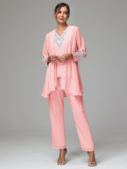 3 Pieces Long Sleeves Chiffon Lace Mother Of The Bride Dress Pants Suits with Silver Sequins