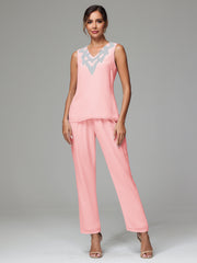 3 Pieces Long Sleeves Chiffon Lace Mother Of The Bride Dress Pants Suits with Silver Sequins