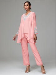3 Pieces Long Sleeves Chiffon Lace Mother Of The Bride Dress Pants Suits with Silver Sequins