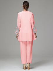 3 Pieces Long Sleeves Chiffon Lace Mother Of The Bride Dress Pants Suits with Silver Sequins