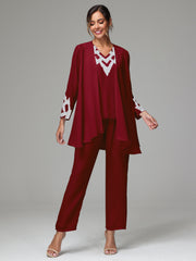 3 Pieces Long Sleeves Chiffon Lace Mother Of The Bride Dress Pants Suits with Silver Sequins