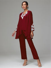 3 Pieces Long Sleeves Chiffon Lace Mother Of The Bride Dress Pants Suits with Silver Sequins