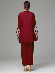 3 Pieces Long Sleeves Chiffon Lace Mother Of The Bride Dress Pants Suits with Silver Sequins