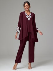 3 Pieces Long Sleeves Chiffon Lace Mother Of The Bride Dress Pants Suits with Silver Sequins