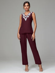 3 Pieces Long Sleeves Chiffon Lace Mother Of The Bride Dress Pants Suits with Silver Sequins