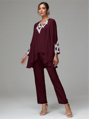 3 Pieces Long Sleeves Chiffon Lace Mother Of The Bride Dress Pants Suits with Silver Sequins