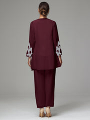 3 Pieces Long Sleeves Chiffon Lace Mother Of The Bride Dress Pants Suits with Silver Sequins