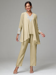 3 Pieces Long Sleeves Chiffon Lace Mother Of The Bride Dress Pants Suits with Silver Sequins